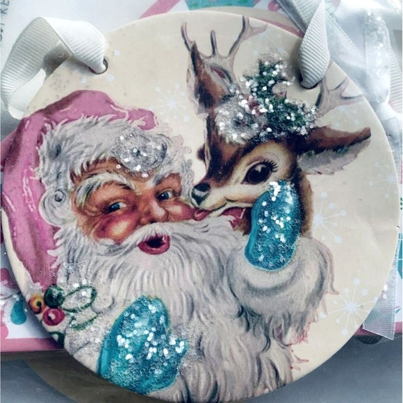 Mr. Christmas Banner MERRY Pink Turquoise Santa Reindeer 1950s Retro Ribbon 53" - Picture 1 of 11